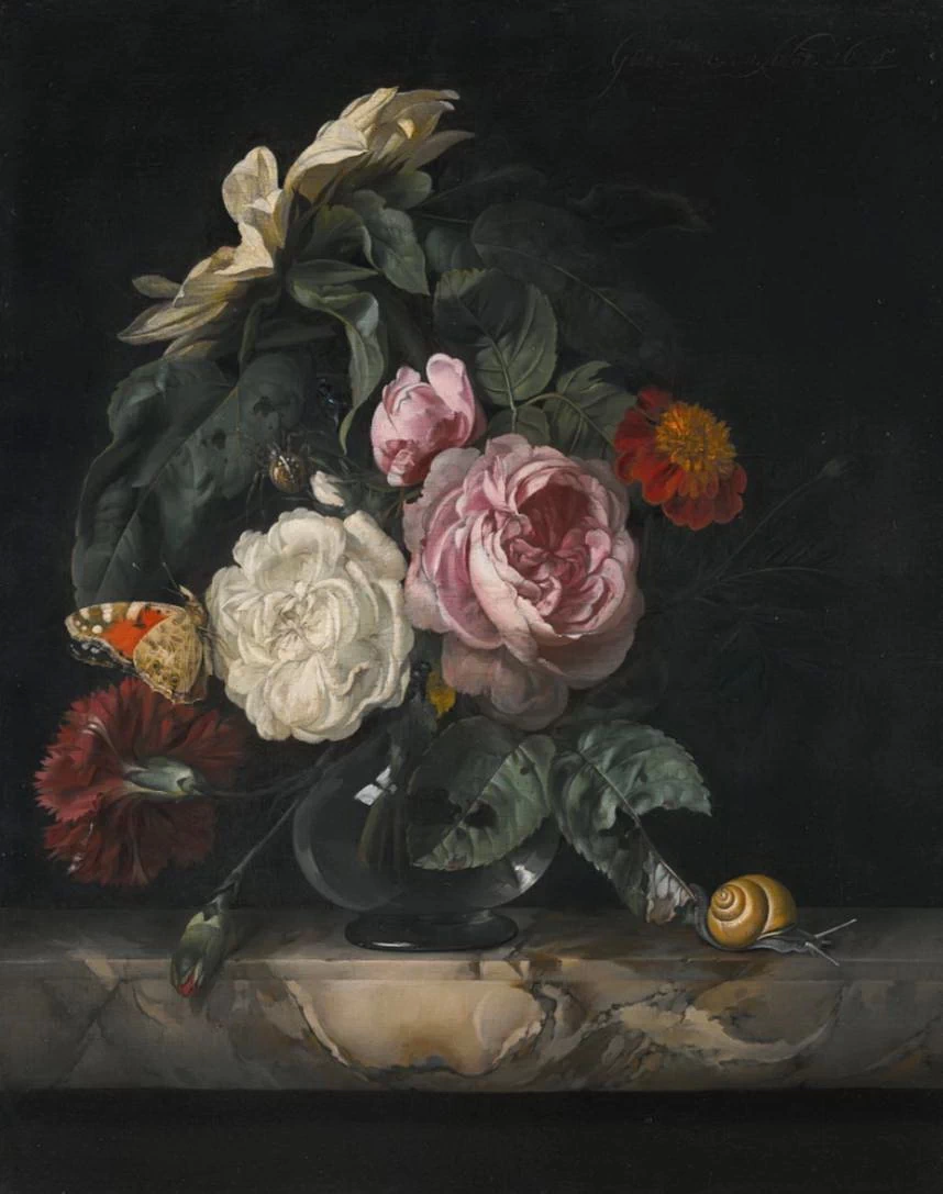 Natura morta con fiori, farfalle e lumache